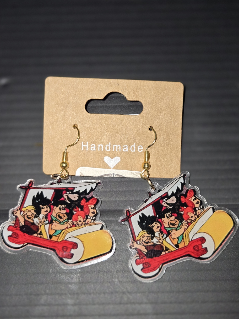 Handmade Yellow & Red Cartoon Flinstone-Style Drop Earrings